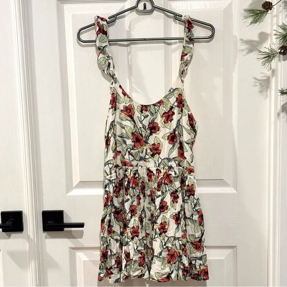 FREE PEOPLE Floral Tropical Ruffle Shoulder Side Tie‎ POCKETS Mini Dress SIZE XS